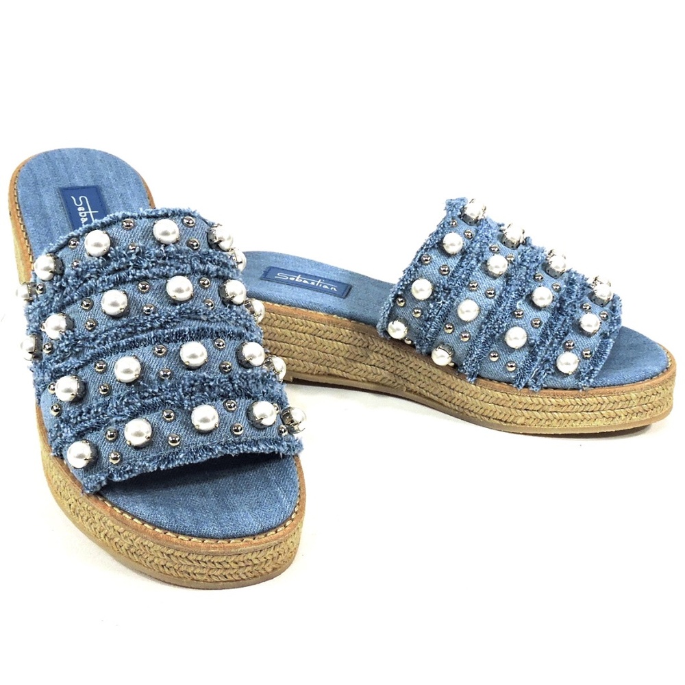 SEBASTIAN 🇮🇹 WOMEN'S BLUE JEANS DENIM COMFORT SUMMER WEDGE MULES - Picture 8 of 8